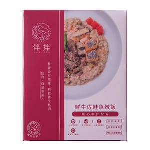 伴拌日嚐 伴拌日嚐 狗狗鮮食包 鮮牛佐鮭魚燉飯 牛腿肉+鮭魚 150g 150g 正面圖