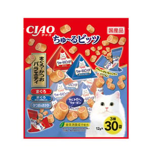 CIAO CIAO 貓零食 日本軟心零食粒 雞肉+金槍魚+鰹魚味 12g 30袋入 12g  正面圖