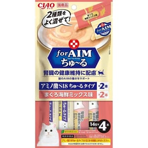 CIAO CIAO 肉泥 貓零食 腎臓健康維持 for AIM 金槍魚和海鮮混合味 14g 4本袋裝 14g  正面圖