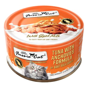 Fussie Fussie Cat 貓罐頭 主食罐 極品吞拿魚 + 鯷魚 Tuna with Anchovies Formula in Goat Milk Gravy 70g 70g 正面圖