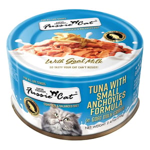 Fussie Fussie Cat 貓罐頭 主食罐 極品吞拿魚 + 小鯷魚 Tuna with Small Anchovies Formula in Goat Milk Gravy 70g 70g  正面圖