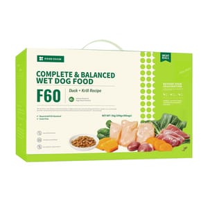 FOOD FOOD CHAIN F60成⽝全營養低溫鮮煮主⻝糧 鴨⾁+磷蝦 100g 30包裝 100g  正面圖