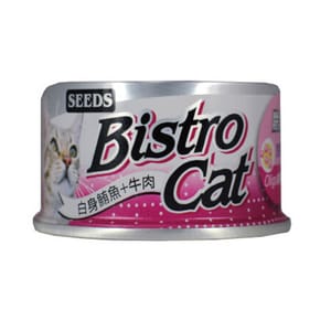 SEEDS SEEDS 貓罐頭 Bistro機能鮪魚銀罐 ⽩身鮪⿂+⽜⾁+Oligo 80g 80g  正面圖