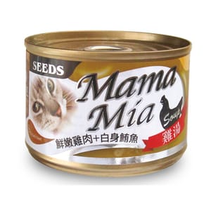 SEEDS SEEDS 貓罐頭 Mamamia機能雞湯罐 鮮嫩雞⾁+⽩身鮪⿂+維他命E 170g 170g 正面圖