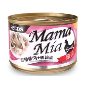 SEEDS SEEDS 貓罐頭 Mamamia機能雞湯罐 鮮嫩雞⾁+鵪鶉蛋+維他命B群 170g 170g 正面圖
