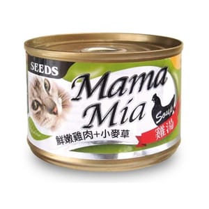SEEDS SEEDS 貓罐頭 Mamamia機能雞湯罐 鮮嫩雞⾁+⼩⿆草+纖維素 170g 170g 正面圖