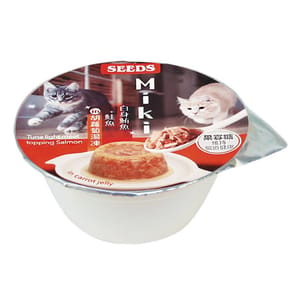 SEEDS SEEDS 貓罐頭 Miki 特級機能愛貓餐杯 ⽩身鮪⿂+鮭⿂ in 胡蘿蔔湯凍 80g 80g 正面圖