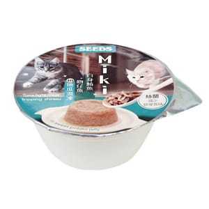 SEEDS SEEDS 貓罐頭 Miki 特級機能愛貓餐杯 ⽩身鮪⿂+吻仔⿂ in 地⽠湯凍 80g 80g 正面圖