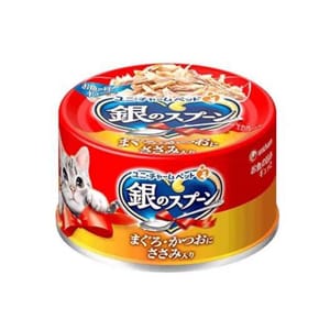Unicharm Unicharm 貓罐頭 銀匙特級成貓罐頭 鰹⿂⾦槍⿂配⽅+雞⾁ 70g 70g 正面圖