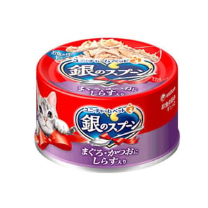 Unicharm Unicharm 貓罐頭 銀匙特級成貓罐頭 鰹⿂⾦槍⿂配⽅+⼩銀⿂ 70g 70g 正面圖
