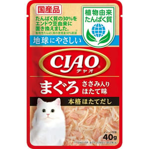CIAO CIAO 貓濕糧 日本 INABA 植物蛋白 金槍魚片雞柳扇貝味 40g 40g 正面圖