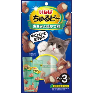 CIAO CIAO 貓零食 軟心粒粒零食 雞柳和烤鰹魚味 10g×3袋 10g 正面圖