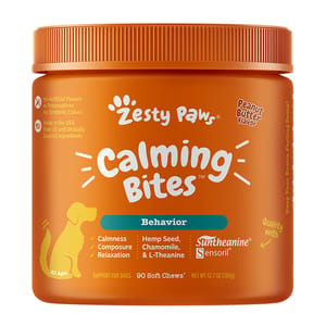 Zesty Zesty Paws 舒緩放鬆 舒緩咀嚼軟粒 花生醬味 CALMING BITES PEANUT BUTTER 90CT JAR 正面圖