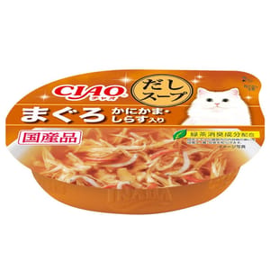 CIAO CIAO 日本貓濕糧 原汁湯杯 吞拿魚+蟹柳+白飯魚 60g 60g 正面圖