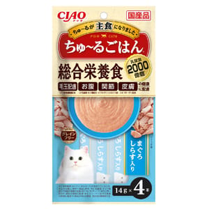 CIAO CIAO 貓零食 綜合營養主食 吞拿魚+白飯魚 14g×4 14g 正面圖