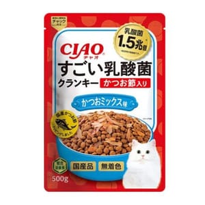 CIAO CIAO 貓糧 1.5兆億個 乳酸菌夾心乾糧 鰹魚節 鰹魚+吞拿魚味 500g 500g  正面圖