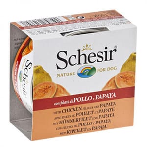 Schesir Schesir 水果狗罐頭 雞肉絲及木瓜飯 150g 150g  正面圖