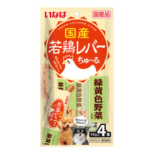 CIAO CIAO 狗肉泥 日本國產系列 綠黃色野菜肉醬 14g×4本 14g 正面圖