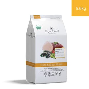 Orga Orga & Leaf 狗糧 農場鴨 + ⻘⼝成⽝配⽅ 5.6kg 6kg 正面圖