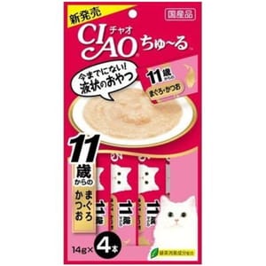CIAO CIAO 肉泥 貓零食 11歲以上 金槍魚鰹魚肉醬 14g 4本入 14g 正面圖