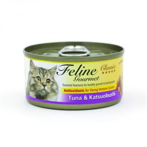 Feline Feline Gourmet 貓罐頭去毛球配方 吞拿魚及柴魚 80g 80g  正面圖