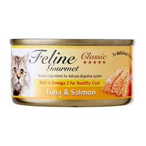 Feline Feline Gourmet 貓罐頭去毛球配方 吞拿魚及三文魚 80g 80g 正面圖