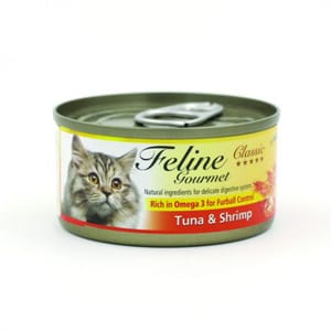 Feline Feline Gourmet 貓罐頭去毛球配方 吞拿魚及蝦 80g 80g  正面圖