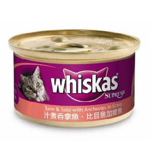 whiskas偉嘉 whiskas偉嘉 極品貓罐頭 汁煮吞拿魚比目魚加鯷魚 85g 85g 正面圖