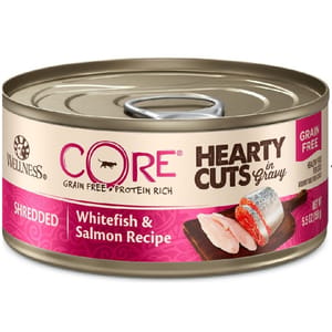 WELLNESS WELLNESS CORE 貓罐頭 無穀物 Hearty Cuts 白魚絲及三文魚絲 5.5oz 156g 5oz 正面圖