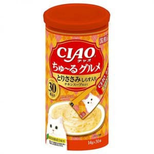 CIAO CIAO 肉泥 貓零食 雞肉及沙甸魚肉醬 14g 30本罐裝 14g 正面圖