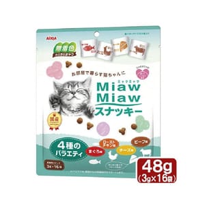 日本AIXIA 日本AIXIA 愛喜雅 MiawMiaw 貓脆餅 4種混合口味 金槍魚烤雞肉及牛肉芝士 3g 16袋入 3g  正面圖