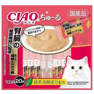 CIAO CIAO 肉泥 貓零食 腎臓健康維持 金槍魚什錦海鮮肉醬 14g 20本袋裝 14g 正面圖