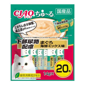 CIAO CIAO 肉泥 貓零食 下部尿路配慮 金槍魚什錦海鮮肉醬 14g 20本袋裝 14g 正面圖
