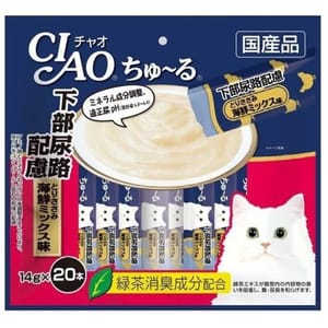 CIAO CIAO 肉泥 貓零食 下部尿路配慮 雞肉及什錦海鮮肉醬 14g 20本袋裝 14g  正面圖
