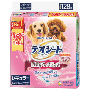 Unicharm Unicharm 狗尿墊 狗尿片 日本柔軟香氛超除臭增量裝 粉紅花香味 寵物尿墊 [44*32 XL碼 128枚]   背面圖