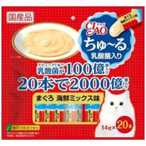 CIAO CIAO 肉泥 貓零食 健腸乳酸菌金槍魚扇貝鰹魚肉醬 14g 20本袋裝 14g 正面圖