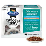 FussyCat FussyCat 貓濕糧 吞拿魚及魚肉汁&三文魚及肉醬&魚肉及雞肉 80gx12 80g  正面圖