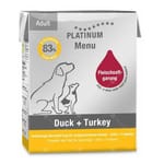 PLATINUM PLATINUM 狗濕糧 無穀物成犬配方 鴨肉+火雞 375g 375g  正面圖