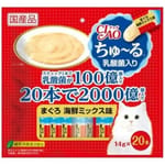 CIAO CIAO 肉泥 貓零食 健腸乳酸菌金槍魚扇貝鰹魚肉醬 14g 20本袋裝 14g  正面圖