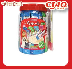 CIAO CIAO 貓零食 日本綜合三文魚貝柱金槍魚肉醬 14g 50本罐裝  - 限定品 14g  正面圖