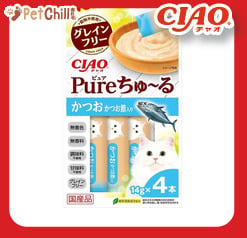 CIAO CIAO 肉泥 貓零食 Churu Pure 無添加鰹魚木魚肉醬 14g 4本入 14g 正面圖