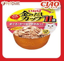 CIAO CIAO 貓罐頭 日本金湯鰹味杯 金槍魚．柴魚．雞肉味 11歲食用 70g 70g  正面圖
