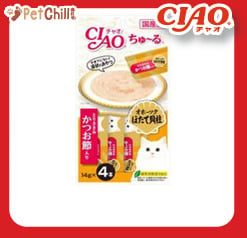CIAO CIAO 肉泥 貓零食 鄂霍次克海扇貝+雞肉+鰹魚肉醬 14g 4本入 14g 正面圖