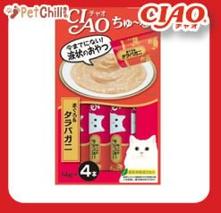 CIAO CIAO 肉泥 貓零食 金槍魚及鱈場蟹肉醬 14g 4本入 14g 正面圖