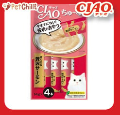 CIAO CIAO 肉泥 貓零食 金槍魚+三文魚肉醬 14g 4本入 14g 正面圖