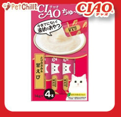 CIAO CIAO 肉泥 貓零食 雞肉及甜蝦肉醬 14g 4本入 14g 正面圖