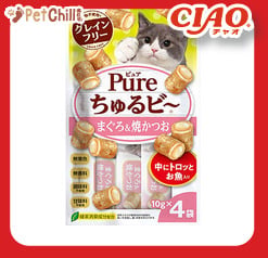 CIAO CIAO 貓零食 日本 Pure Chiu 天然軟心零食粒 金槍魚+燒鰹魚味 10g 4袋入 10g  正面圖