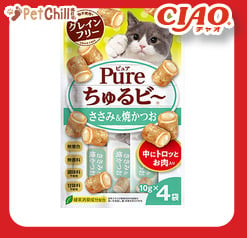 CIAO CIAO 貓零食 日本 Pure Chiu 天然軟心零食粒 雞肉+燒鰹魚味 10g 4袋入 10g  正面圖