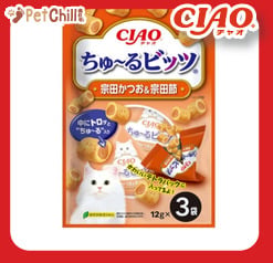 CIAO CIAO 貓零食 日本軟心零食粒 宗田鰹魚及宗田鰹魚乾味 12g 3袋入 12g  正面圖