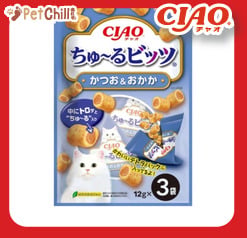 CIAO CIAO 貓零食 日本軟心零食粒 鰹魚及鰹魚乾味 12g 3袋入 12g  正面圖